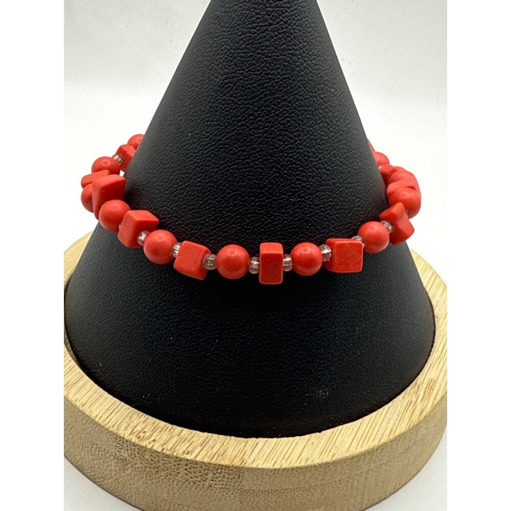 Red Coral Beaded Stretch Bracelet With Magnetic Clasp & Clear Accent Beads